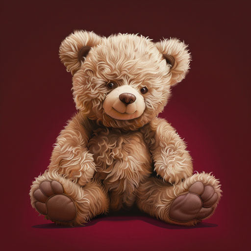 Realistic teddy bear clipart on rich burgundy background