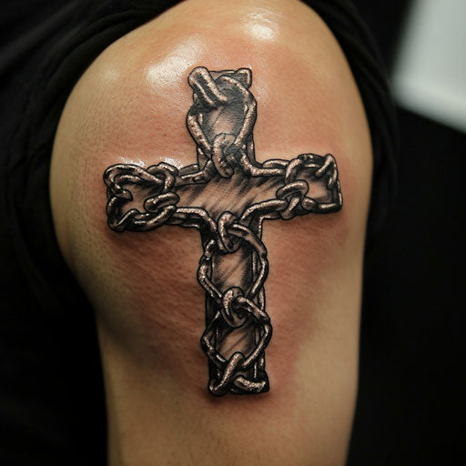 Christian tattoos for men with a chain cross on the upper arm