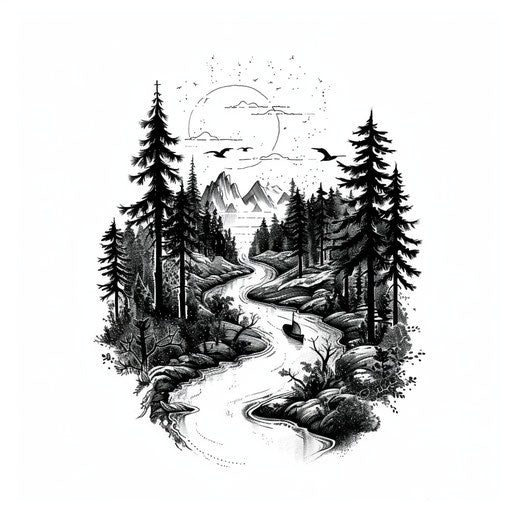 Elegant tattoo design of a river winding through a forest, fishing theme