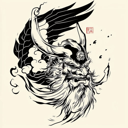 Simple tattoo sketch of a Tengu in flat clipart style using black ink