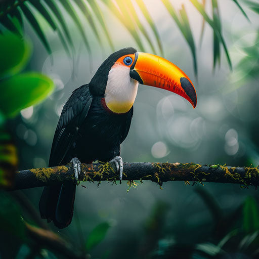 Toco toucan perched on lush green branch in Amazon rainforest, morning mist softly enveloping scenery