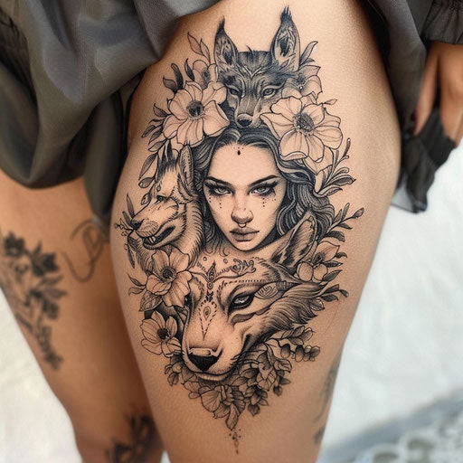 Thigh tattoo with fierce animal designs, in the style of Ami James