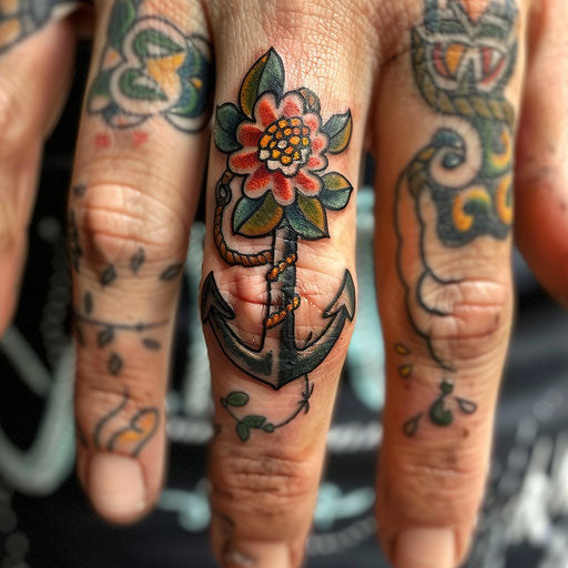 Ring tattoo of classic sailor's anchor on the finger
