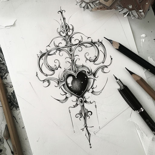 Flat tattoo sketch of a black pearl in the heart of a gothic cross
