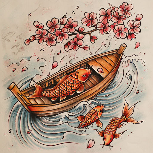Traditional Japanese sketch of a sampan boat with cherry blossoms and koi fish