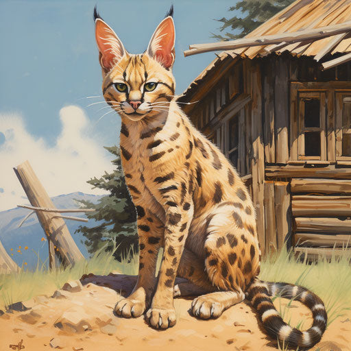 A serval cat sitting in front of a log cabin