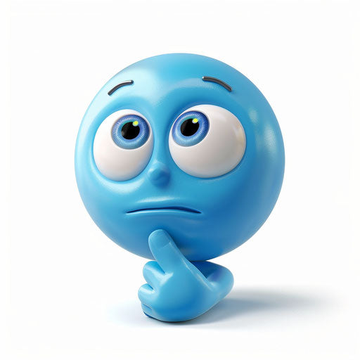 Blue emoji with thoughtful expression pointing at self