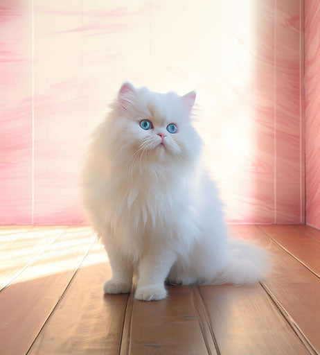 White Persian cat sitting on wood floors, light pink and dark azure style