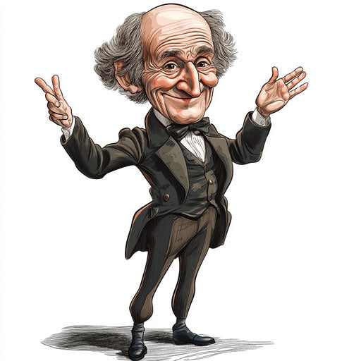 Humorous caricature of a John Stuart Mill clipart with human characteristics, exaggerated chubby cheeks, long arms, detailed textures, vibrant colors, cartoon style, waving, high resolution, no background, isolated