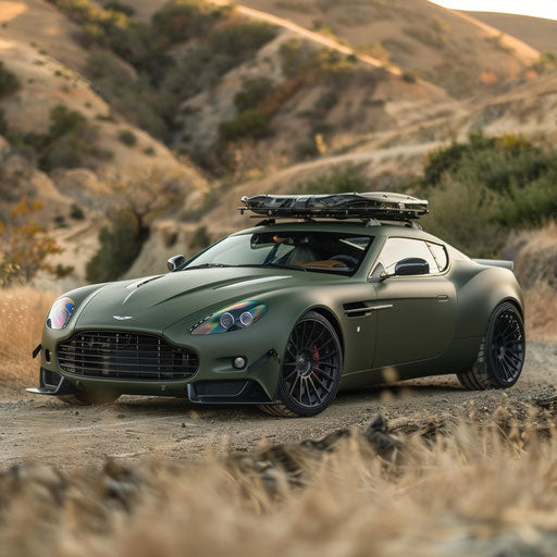 Matte military green Aston Martin DB7 Zagato with roof rack on remote dirt road