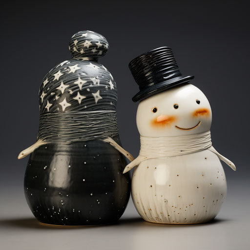 Two ceramic snowmen with black and white hats on top