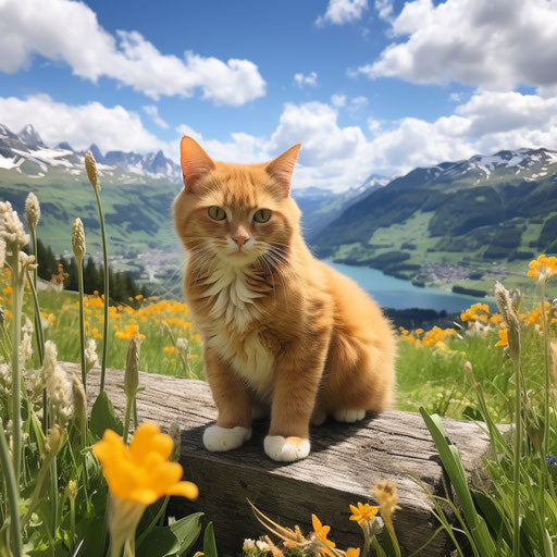 Ginger cat against mountain backdrop