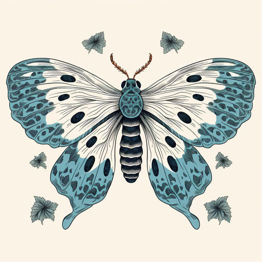 Blue moth on woodcut background, realistic, white and turquoise