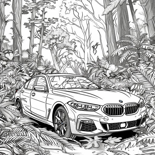 BMW car in lush forest with detailed wildlife