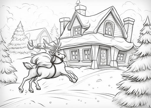 Santa flying over the house with reindeer coloring, in the style of captivating, simple line drawings