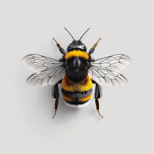 Realistic illustration of a bumblebee on flat white background, high contrast and soft shadows