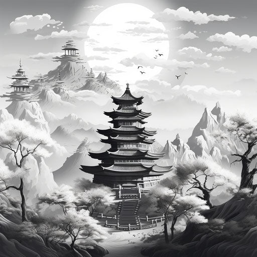 Black and white pagoda showing mountains