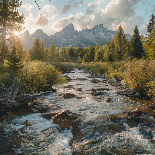 Teton Mountains with a flowing river in the foreground