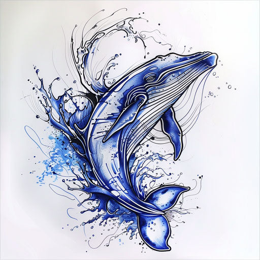 Dynamic tattoo sketch of a whale breach, with splashing water effects in vivid blues