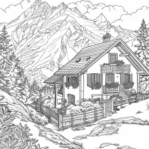 Picturesque Swiss chalet with flower boxes and mountains. Coloring book page