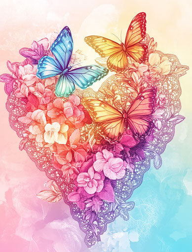 Colorful floral heart with lace and butterflies