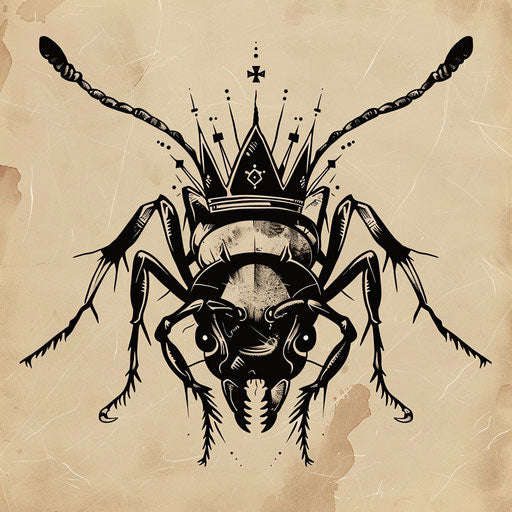 Flat tattoo sketch of an ant with a crown