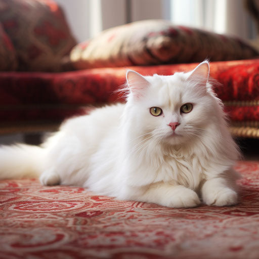White cat lying on a carpet