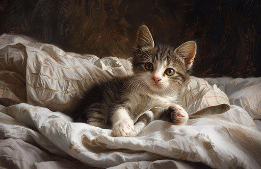 A young kitten on a bed, in the style of whirring contrivances, dark brown and white