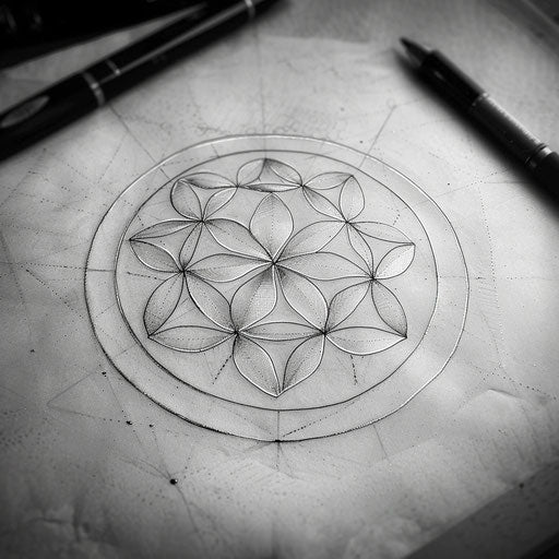 Elegant tattoo sketch of the Flower of Life, fine line work with silver highlights
