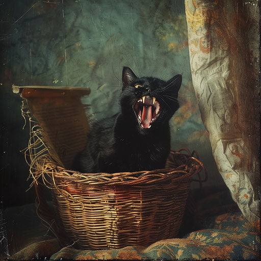 Black cat in a wicker basket with mouth wide open on a bed
