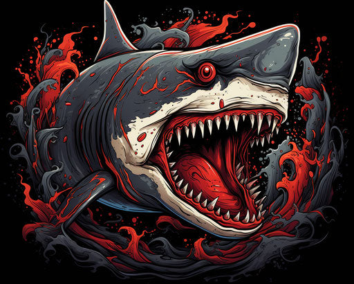 Fire shark with claws, black and white line work style, vibrant red