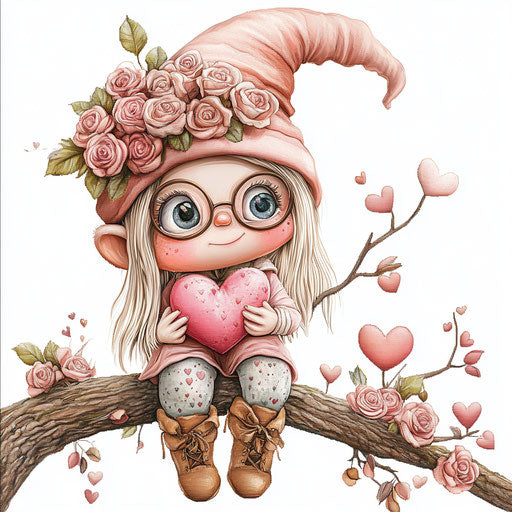 Adorable pink gnome girl with roses and heart on branch