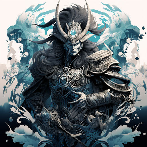 Samurai-inspired art design, dark cyan and light black style, colored cartoon, strong linear elements