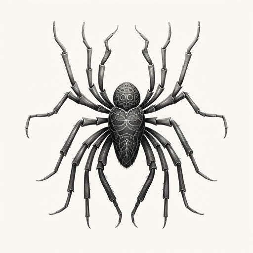 Drawing of a spider in black and white, magnified ornamentation style, flat shading