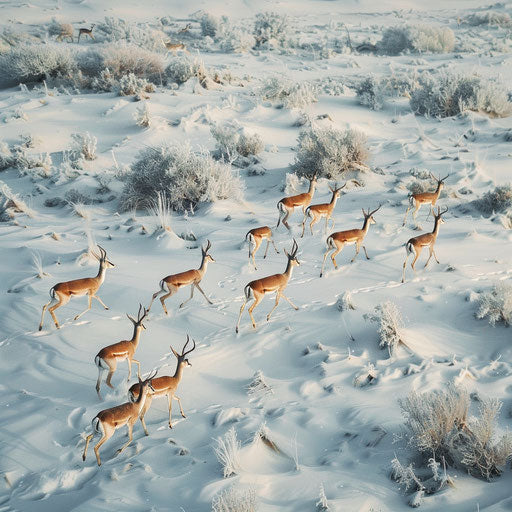 Gazelles migrating across a snowy landscape, a rare sight in the winter