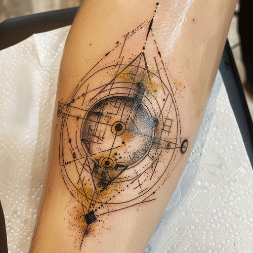 Cursed tattoo alchemical symbol, transformation creation, gold black white