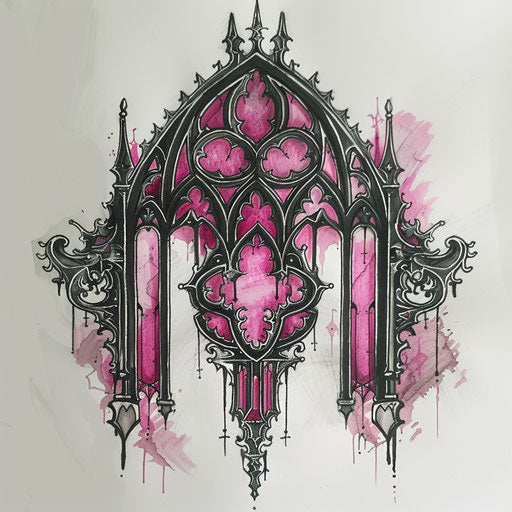 Flat gothic tattoo sketch of pink and black stained glass window