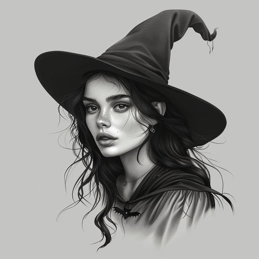 Realistic witch clipart on flat slate grey background