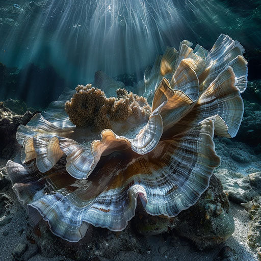 Giant clam in a dramatic underwater scene with intense lighting