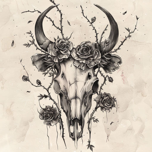 Gothic-inspired tattoo sketch of a cow skull with dark roses and thorny vines in a monochrome palette