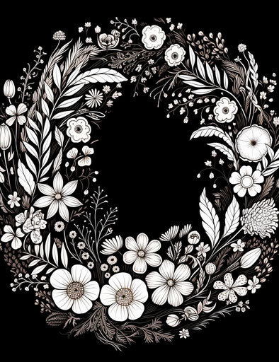 Ten thousand little flowers in a circle for coloring, bold contrast and textural play, intricate floral arrangements, biomorphic, meticulous inking 24:31