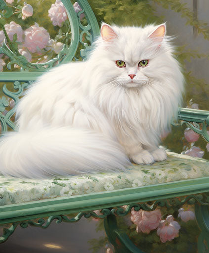 White Persian cat on a bench with green eyes