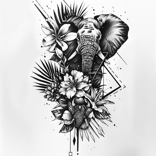 Contemporary tattoo sketch of abstract jungle animals hidden in geometric shapes, in monochrome, clipart style