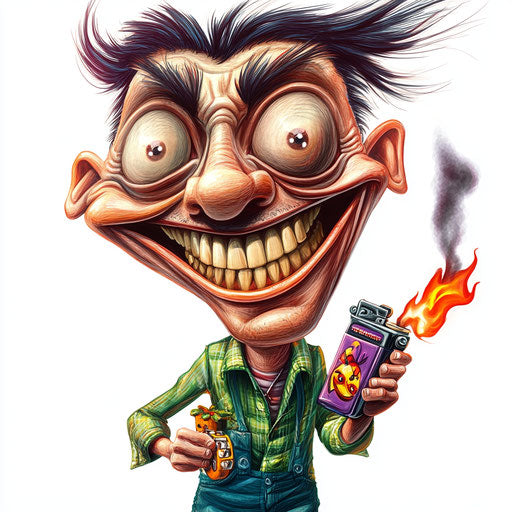 Humorous caricature of a lighter with exaggerated big teeth playing with a toy