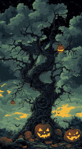 Halloween background with old tree, pumpkins, and dark clouds