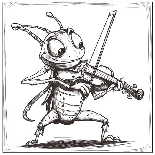 Cartoon grasshopper playing violin, coloring book page
