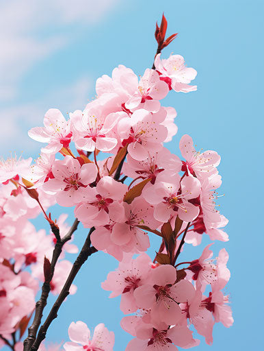 Pink blossoms against blue sky, light green and dark red style