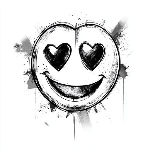 Flat tattoo sketch of smiling smiley face with heart eyes