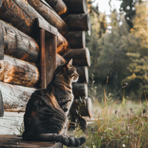 Tortoise cat sitting in front of a log cabin