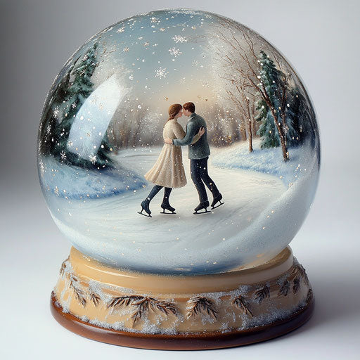 Romantic winter scene with couple ice skating on frozen pond